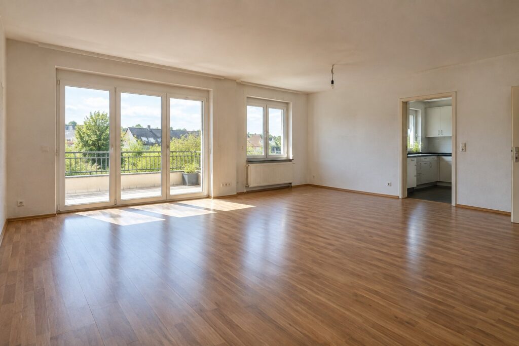 Heller Wohnraum mit großer Fensterfront – professionelle Immobilienfotografie