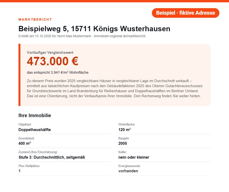 Beispiel-Marktbericht: Doppelhaushälfte in Königs Wusterhausen mit vorläufigem Vergleichswert (fiktive Adresse)