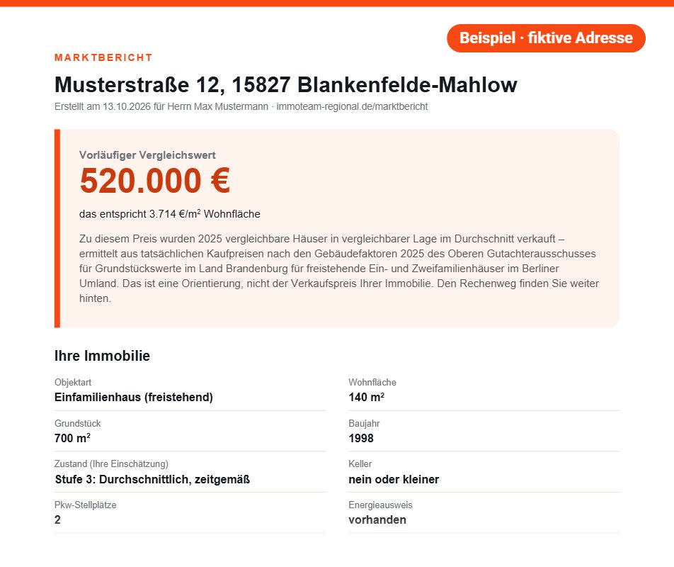 Beispiel-Marktbericht: Einfamilienhaus in Blankenfelde-Mahlow mit vorläufigem Vergleichswert (fiktive Adresse)