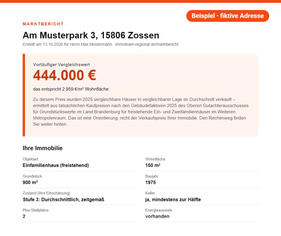 Beispiel-Marktbericht: Einfamilienhaus in Zossen mit vorläufigem Vergleichswert (fiktive Adresse)