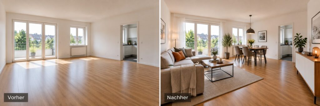 Vorher-Nachher-Vergleich: leerer Wohnraum und derselbe Raum nach dem Home-Staging
